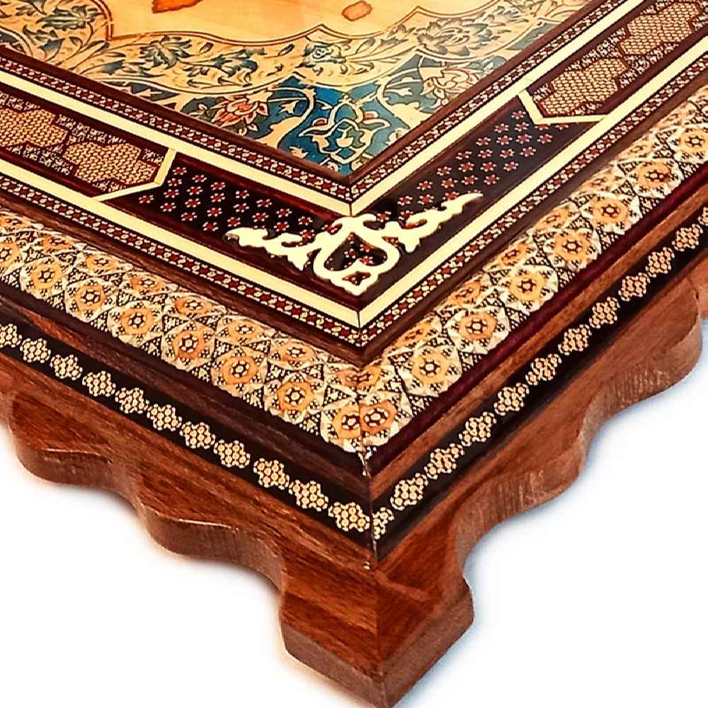 Horloge murale en bois persane artisanale – Art du marqueterie Khatam, Tazhib