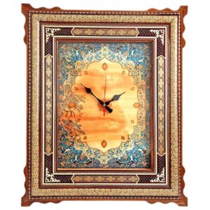 Horloge murale en bois persane artisanale – Art du marqueterie Khatam, Tazhib