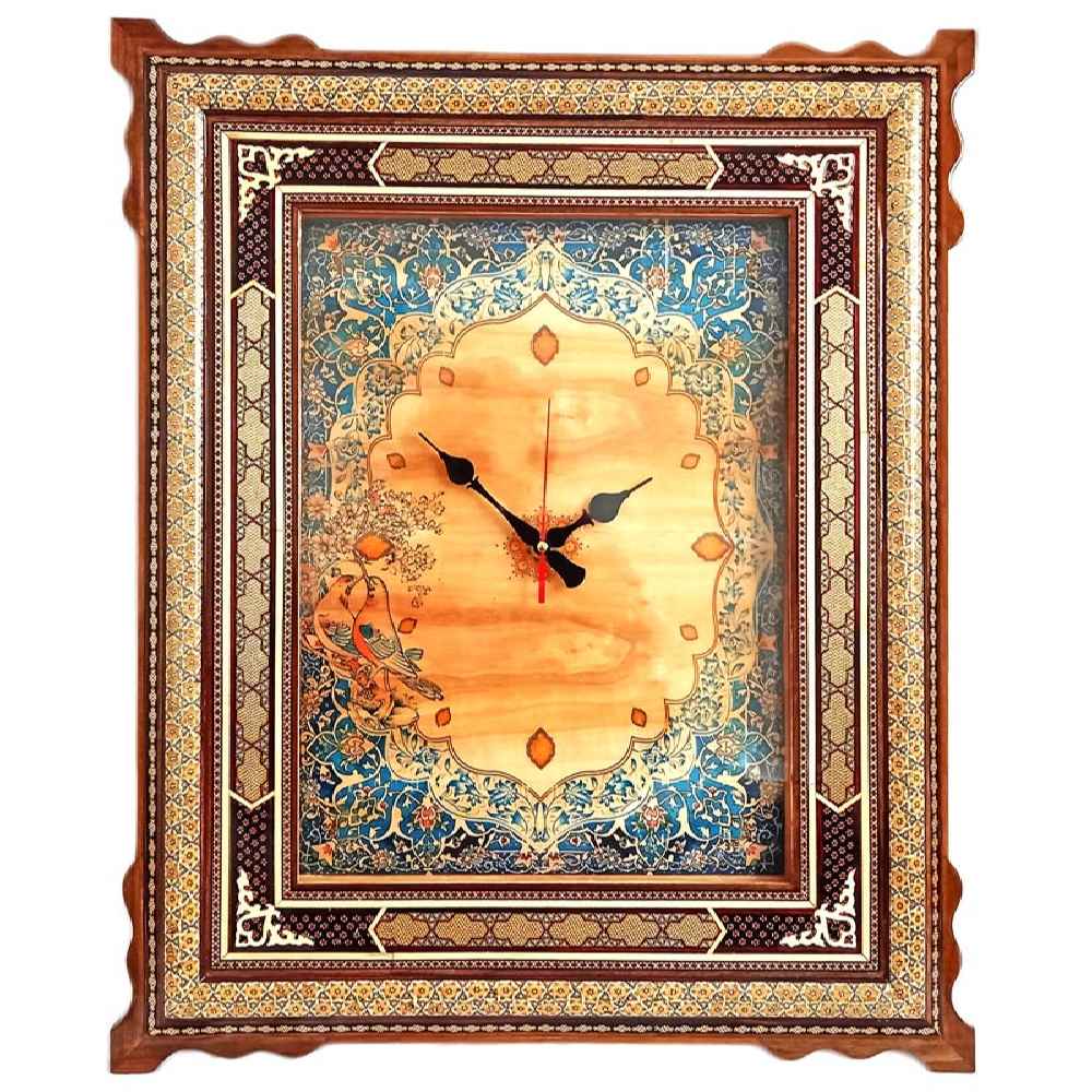 Horloge murale en bois persane artisanale - Art du marqueterie Khatam, Tazhib
