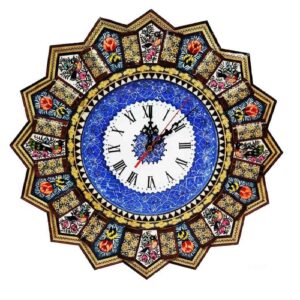 Horloge murale en bois persane artisanale – Art du marqueterie Khatam, Elika