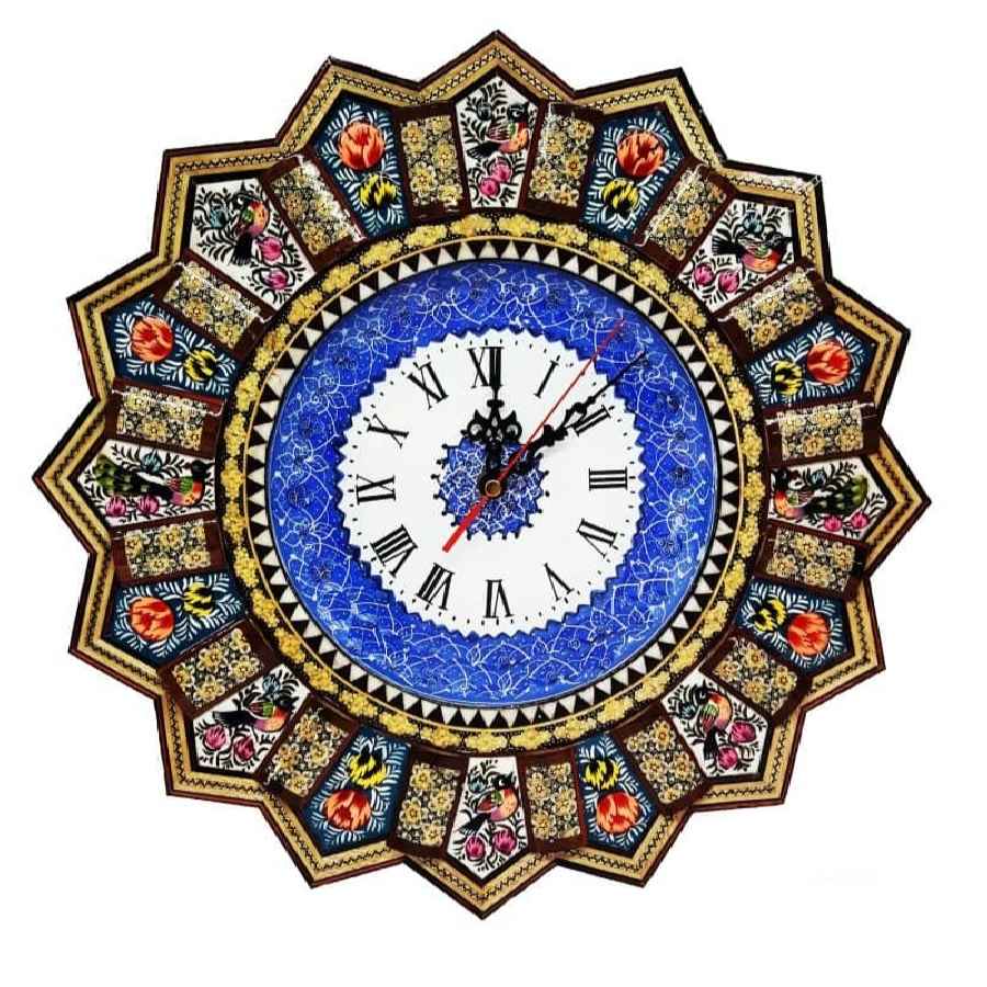 Horloge murale en bois persane artisanale - Art du marqueterie Khatam, Elika