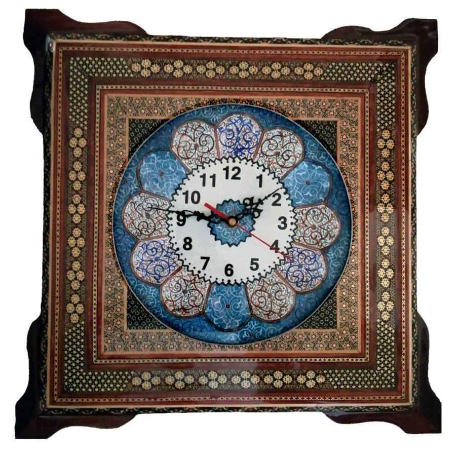 Horloge murale en bois persane artisanale - Art du marqueterie Khatam, Yara