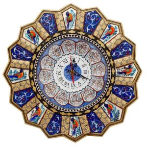Horloge murale en bois persane artisanale – Art du marqueterie Khatam, Zarrin