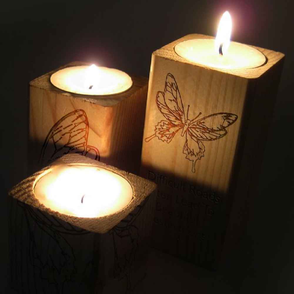 Porte-bougie cube en bois solide ensemble de 3 / Butterfly