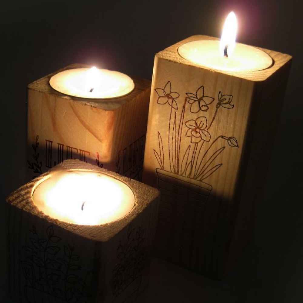 Porte-bougie cube en bois solide ensemble de 3 / Life