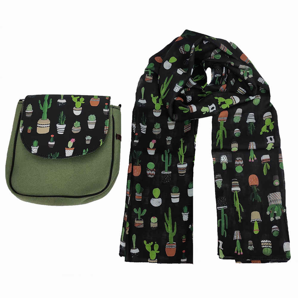 Ensemble sac bandoulière boho et écharpe avec design cactus