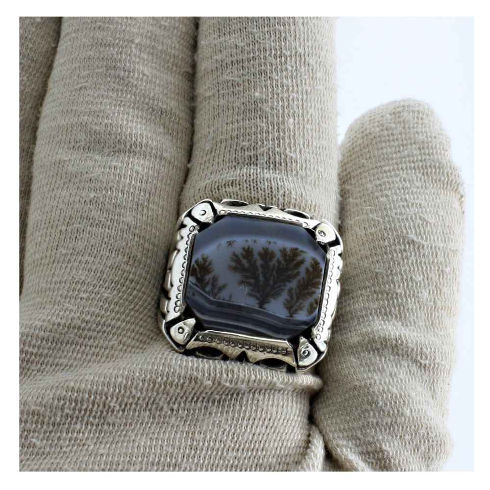 Persischer Dendritischer Achat Shajar Silberring für Herren Jalal