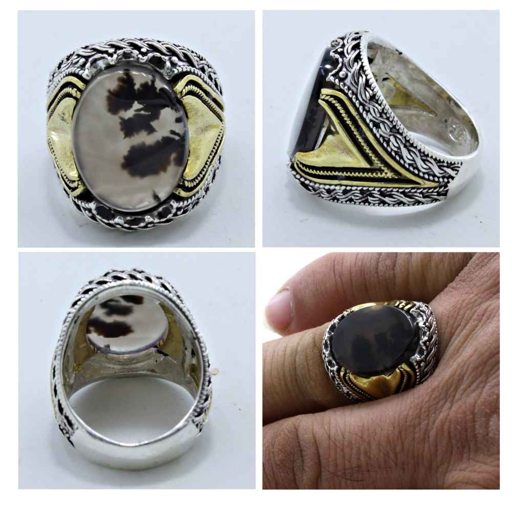 Persischer Dendritischer Achat Shajar Silberring für Herren Salar