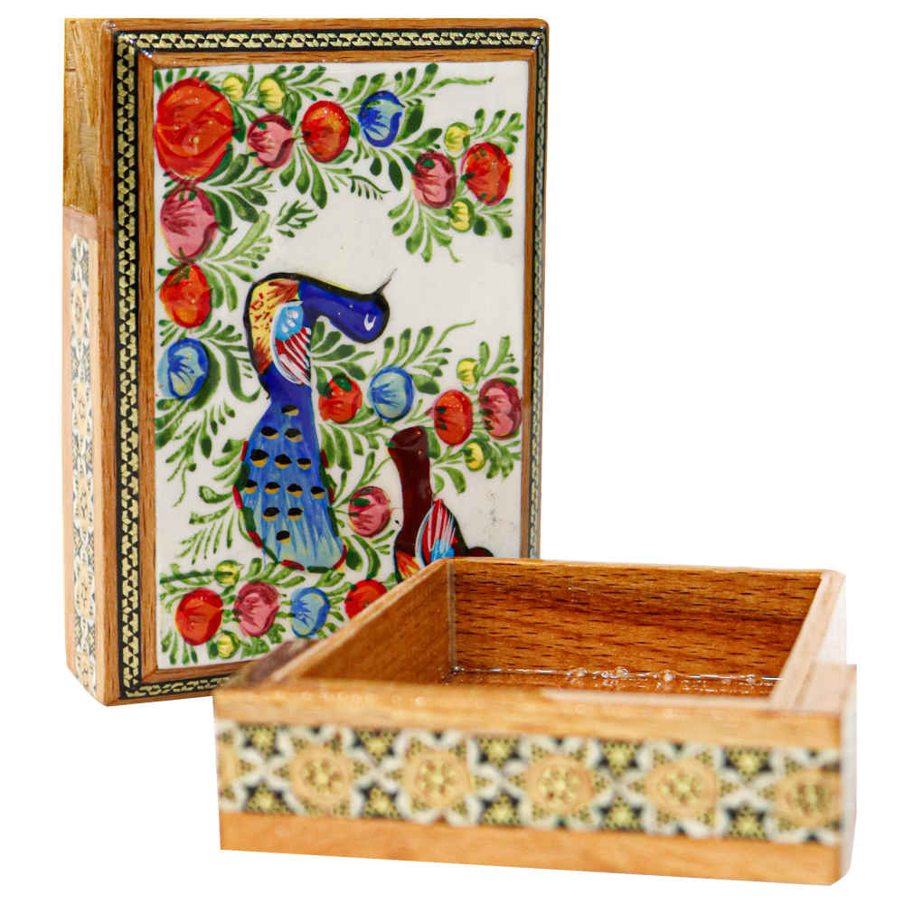 Boîte à cartes en bois persane – Oiseaux émaillés Khatam
