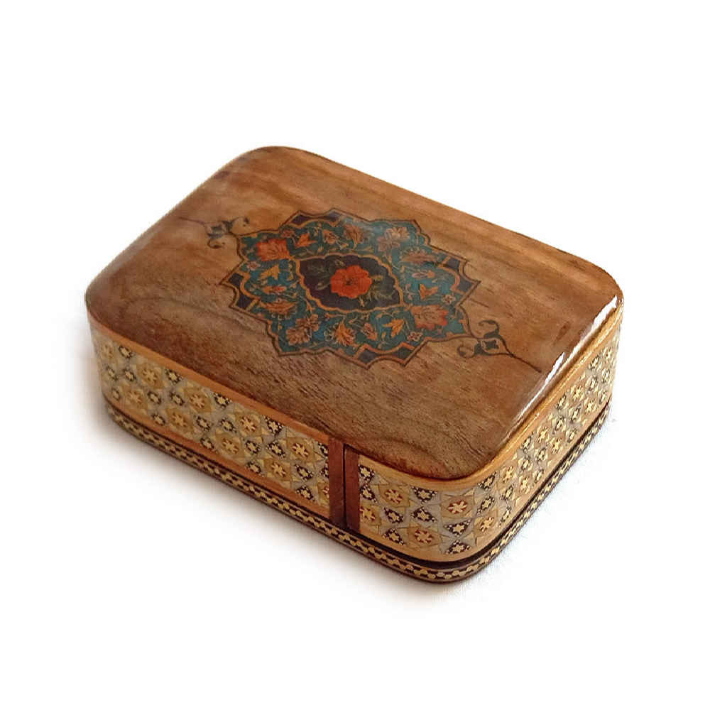 Boîte à cartes en bois persane - Tazhib émaillée Khatam