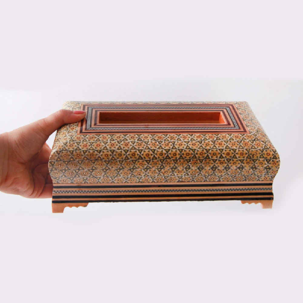 Couvercle de boîte à mou tissues en bois persan fait main – Khatamkari Mazroei