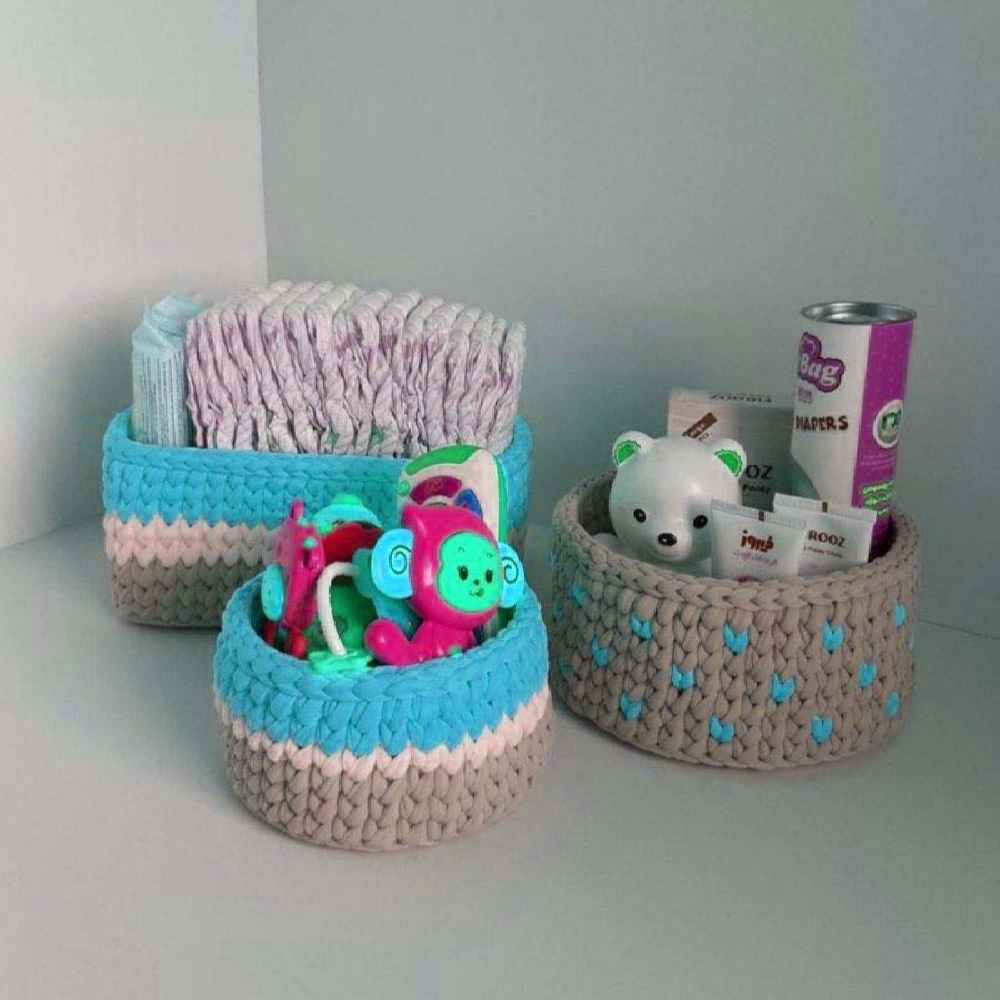 Ensemble de trois paniers de rangement en crochet – Modèle Enfants