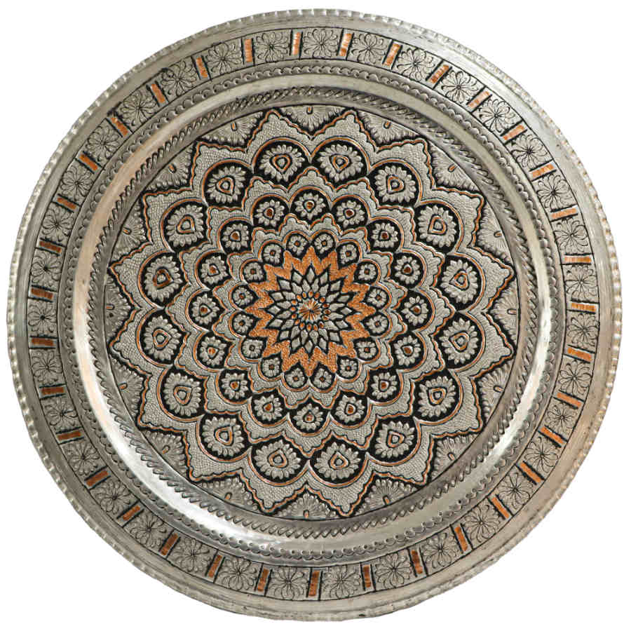 Plateau en cuivre décoratif gravé à la main avec art artisanal persan Khorshidi