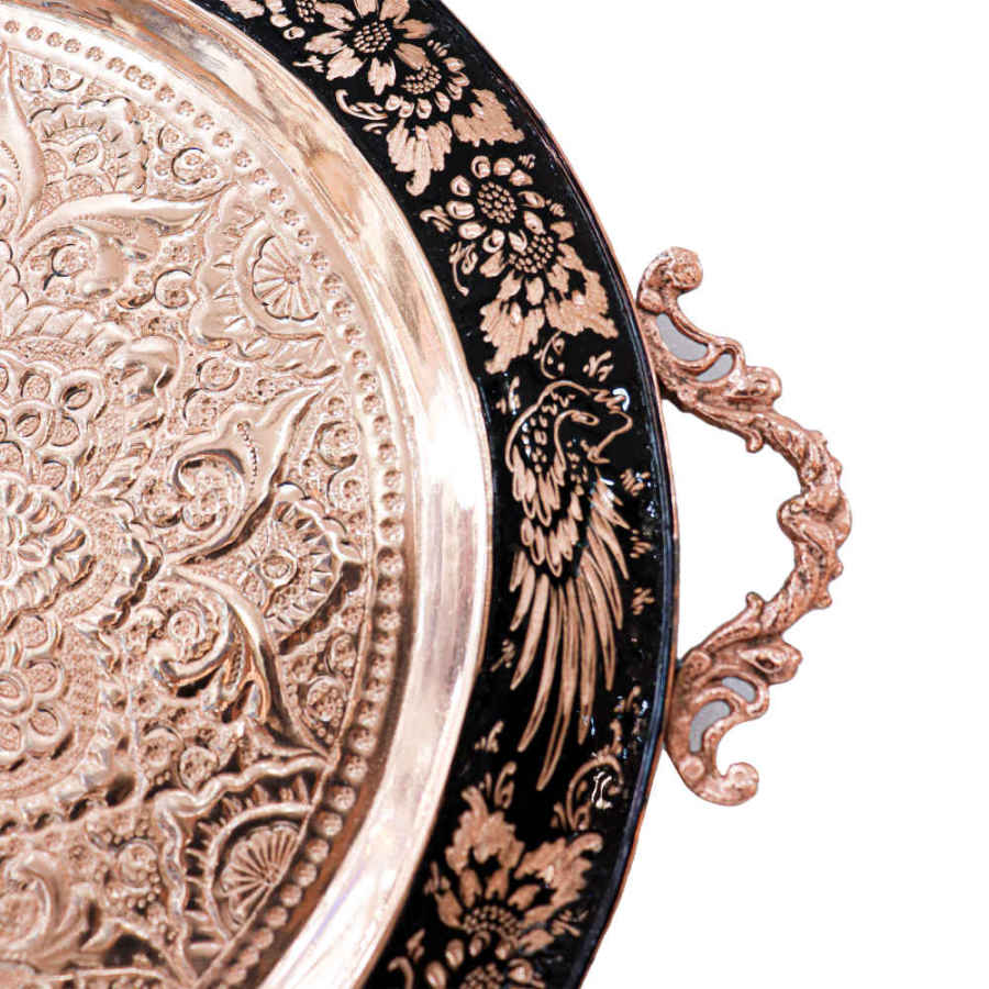 Plateau en cuivre décoratif gravé à la main avec art artisanal persan Rond