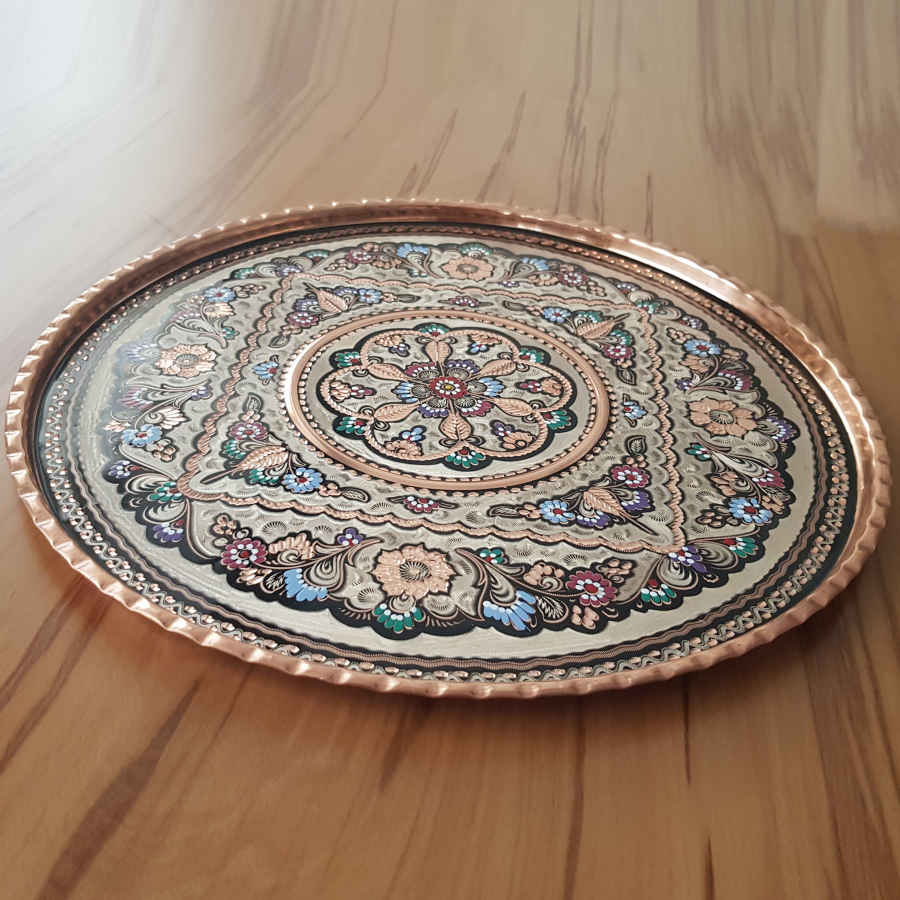 Plateau en cuivre décoratif gravé et martelé avec art artisanal persan Kiana