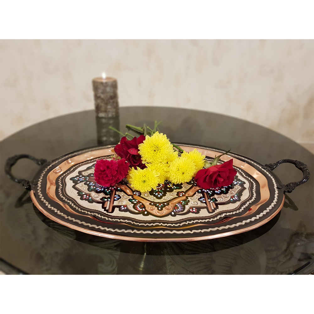 Plateau en cuivre décoratif gravé et martelé avec art artisanal persan Rana