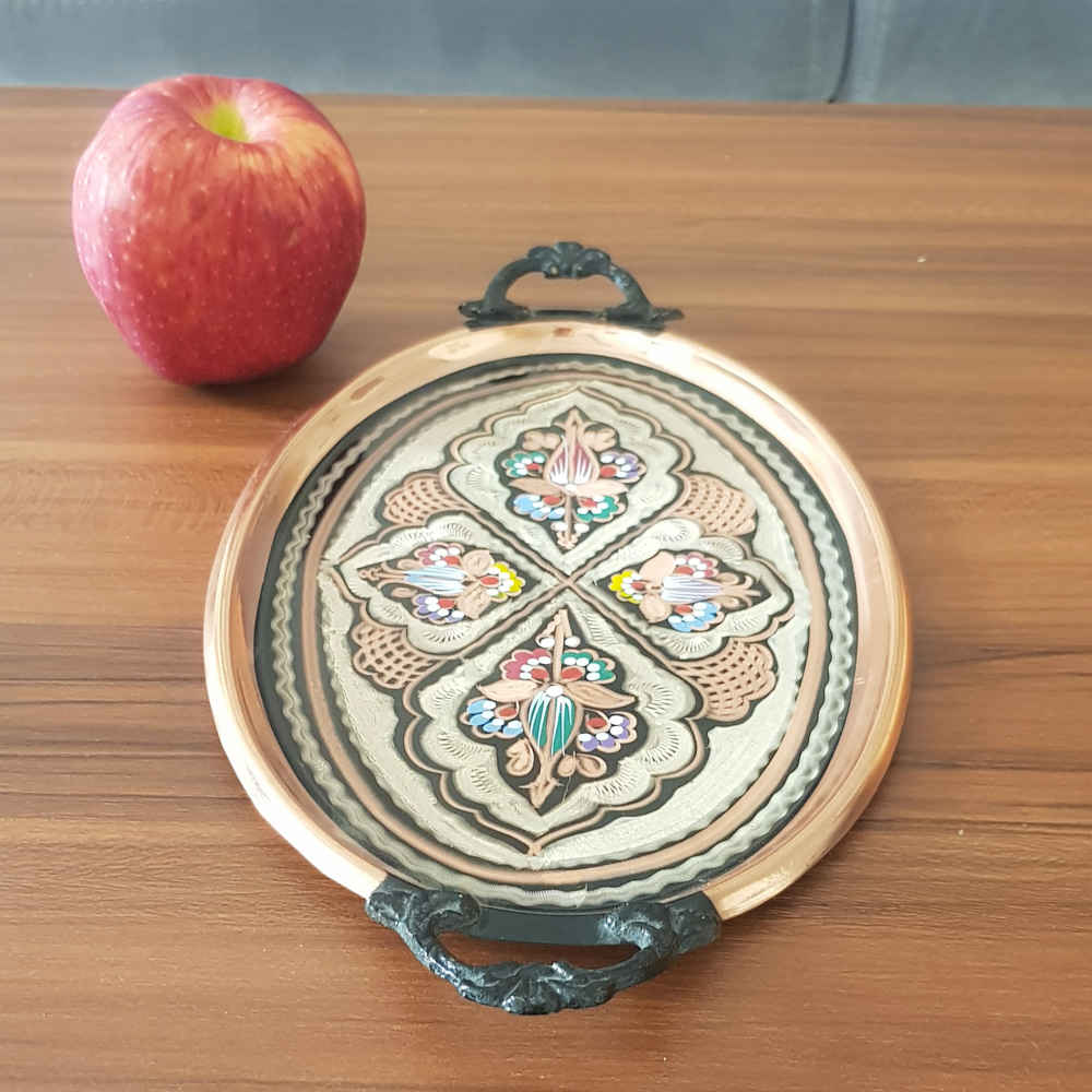 Plateau en cuivre décoratif gravé et martelé avec art artisanal persan Soha