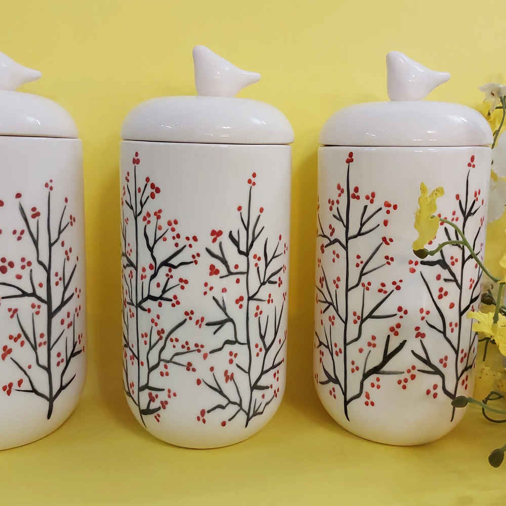 Ensemble de bocaux en céramique – Idéal pour le rangement et l’organisation de la cuisine, Fleur (3x)