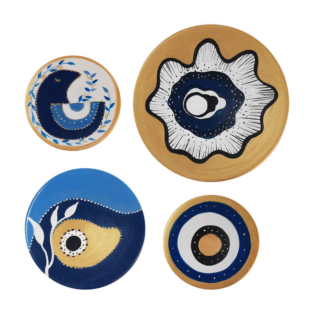 Ensemble de 4 Assiettes Décoratives en Céramique Peintes à la Main Cheshm Nazar