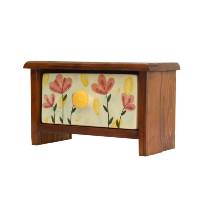 Commode en bois avec 1 tiroir en céramique fabriquée à la main - Fleurs