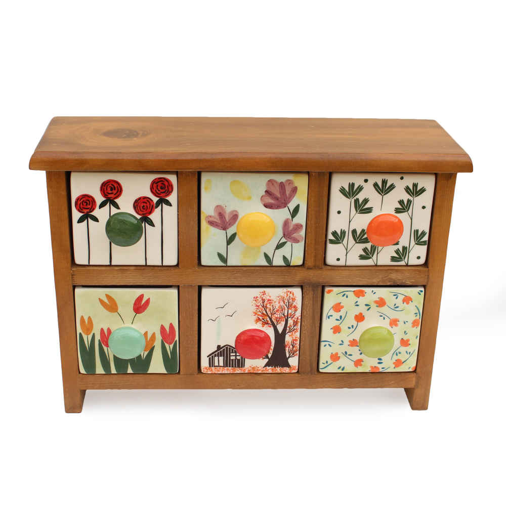 Commode en bois avec 6 tiroirs en céramique fabriquée à la main