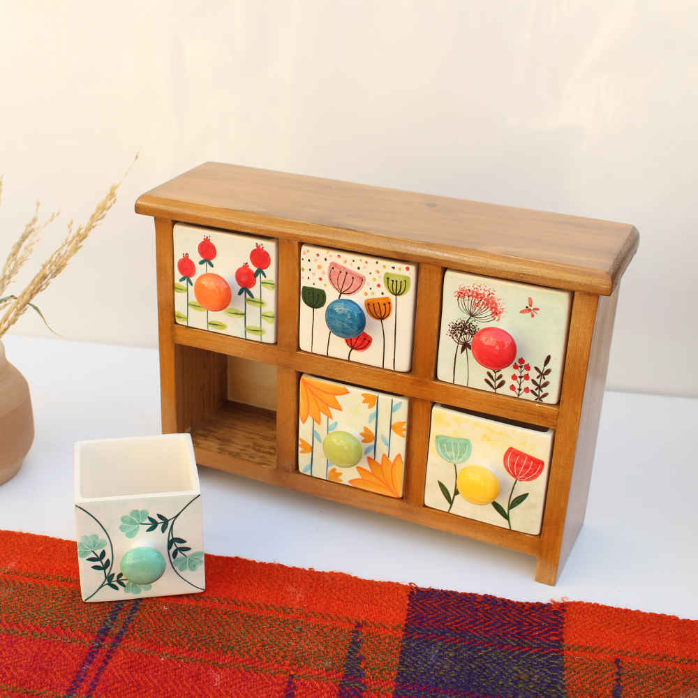 Commode en bois avec 6 tiroirs en céramique fabriquée à la main