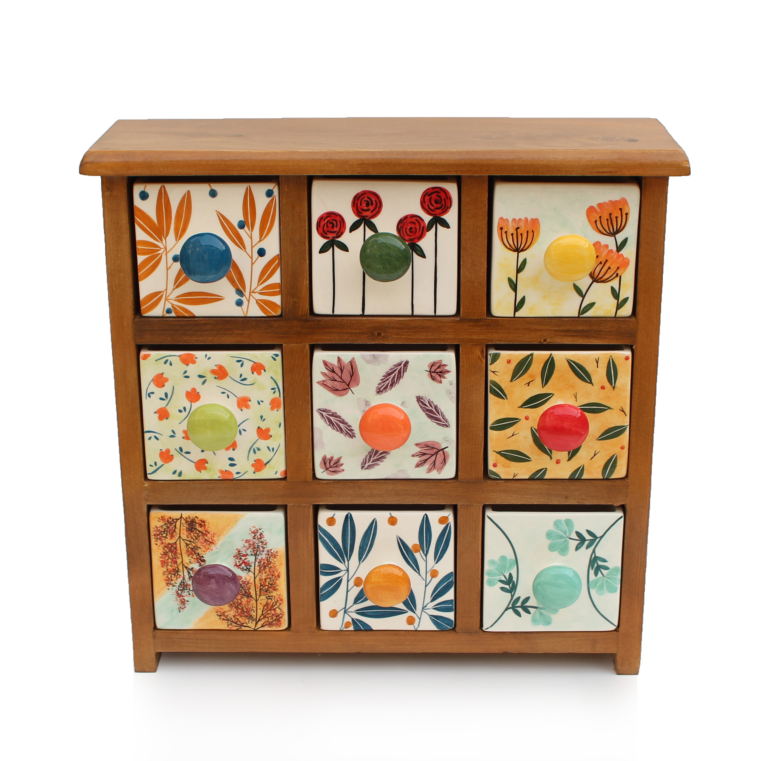 Commode en bois avec 9 tiroirs en céramique fabriquée à la main