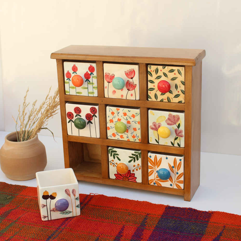 Commode en bois avec 9 tiroirs en céramique fabriquée à la main – Floral