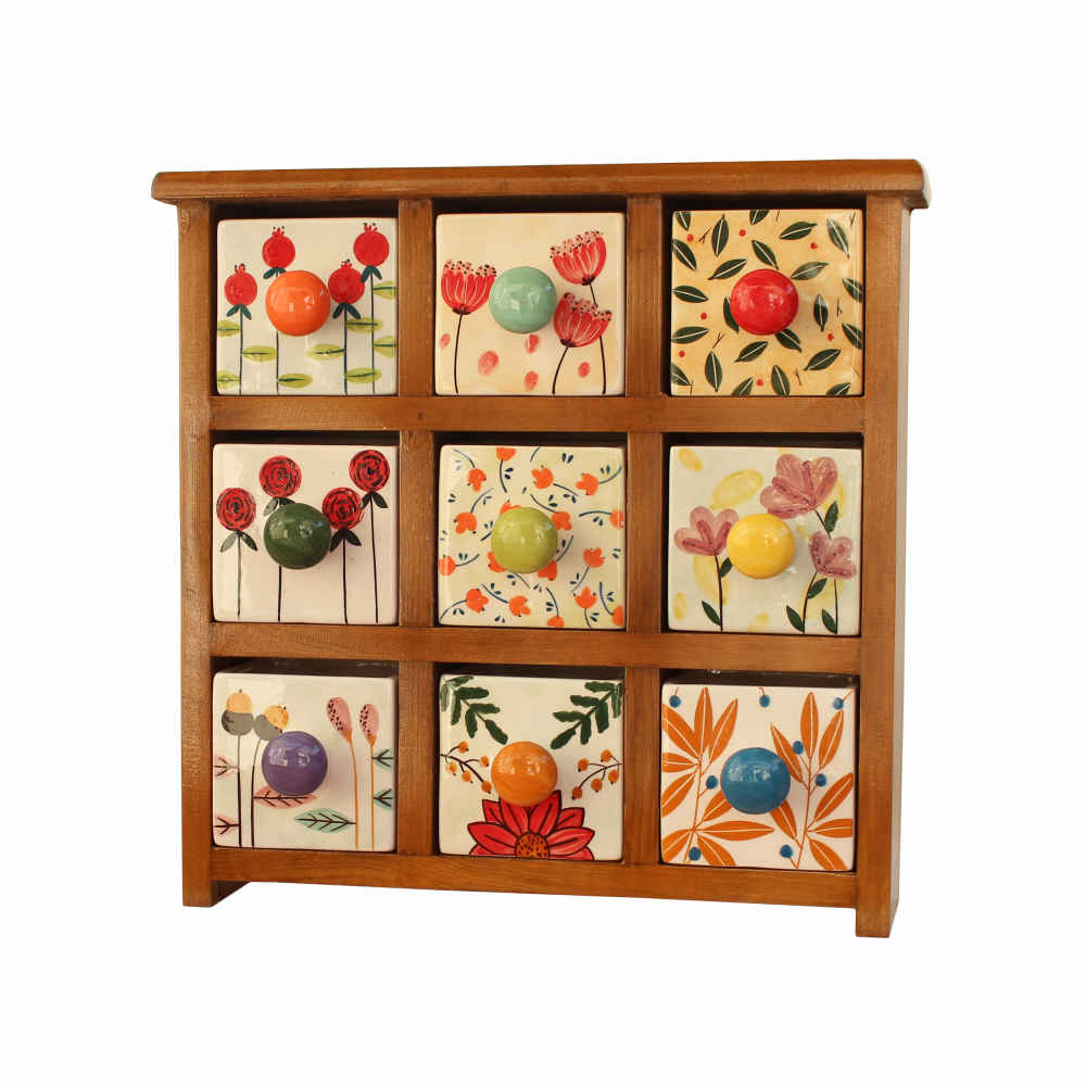Commode en bois avec 9 tiroirs en céramique fabriquée à la main - Floral