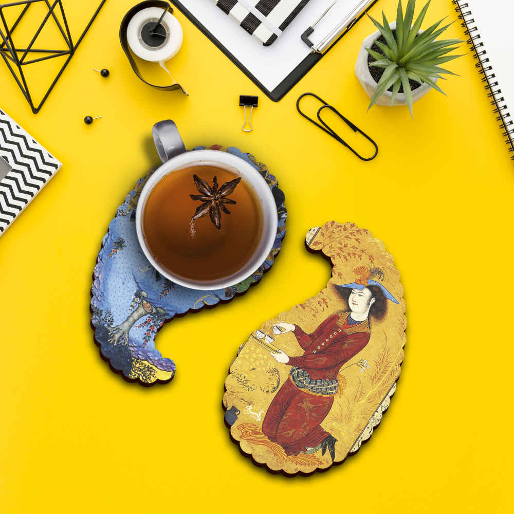 Ensemble de Dessous de Verre avec Motif Artistique d’Inspiration Persane Ghajar