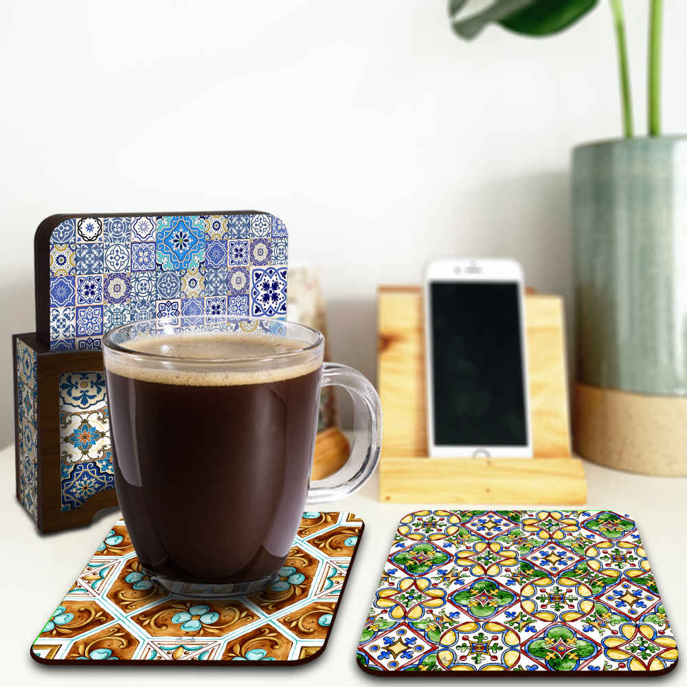 Ensemble de Dessous de Verre et Support avec Motif Artistique d’Inspiration Persane Rahil