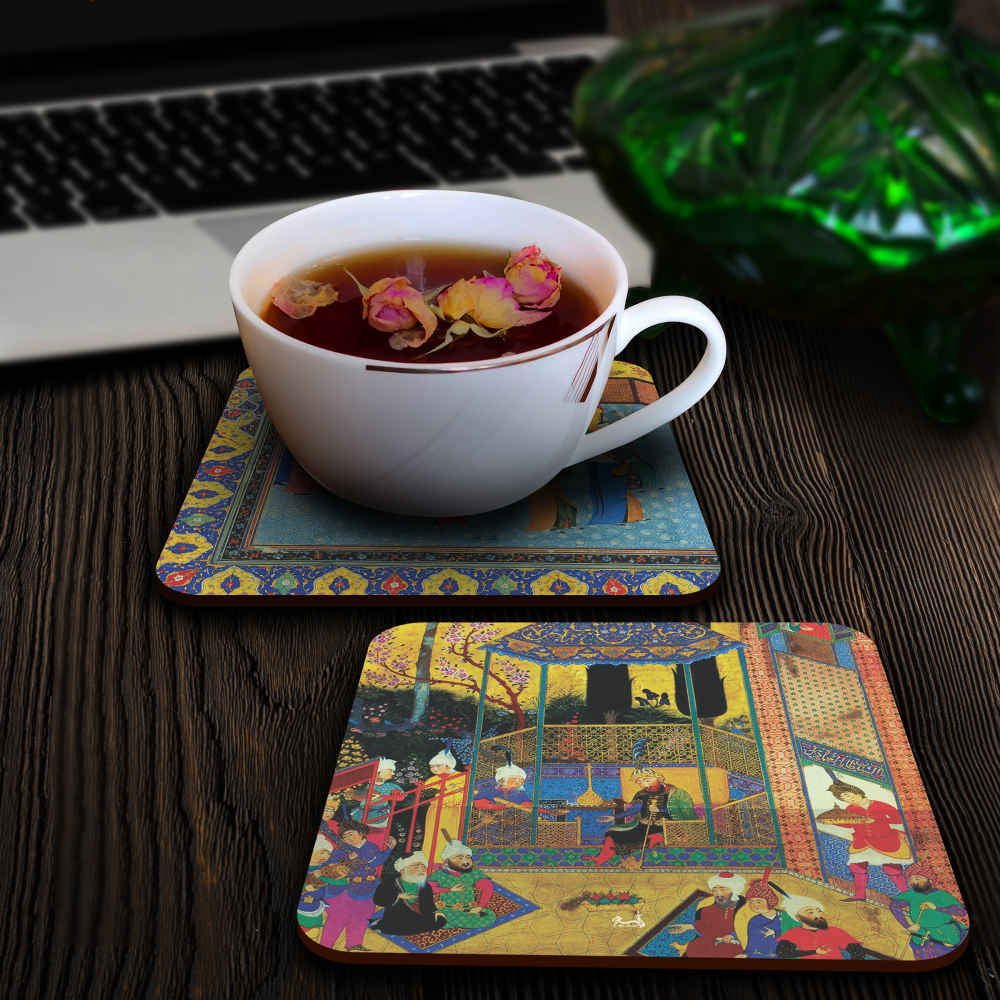 Ensemble de Dessous de Verre et Support avec Motif Artistique d’Inspiration Persane Shahnameh