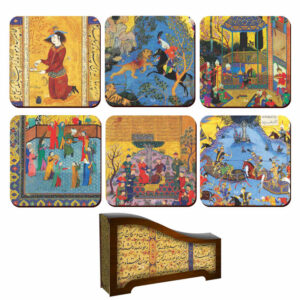 Ensemble de Dessous de Verre et Support avec Motif Artistique d’Inspiration Persane Shahnameh