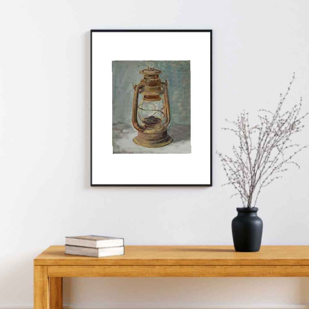 Peinture d’art réaliste originale : Huile sur carton, lumière de lanterne