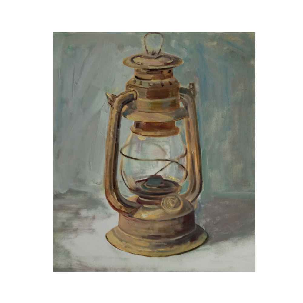 Peinture d'art réaliste originale : Huile sur carton, lumière de lanterne