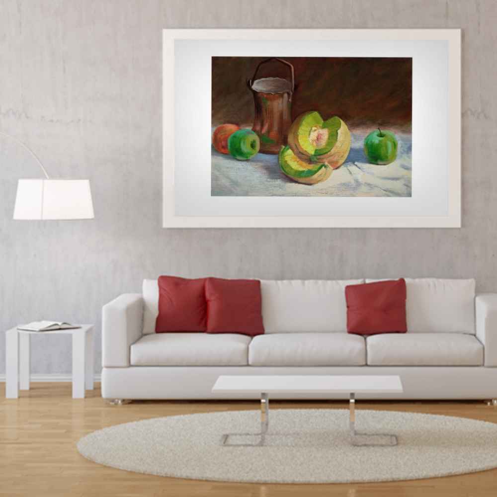 Peinture d’art réaliste originale : Huile sur carton, fruits