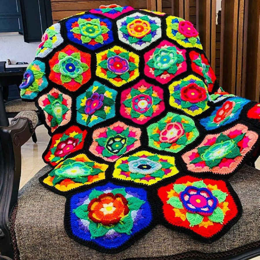 Plaid au Crochet pour Canapé et Lit Motif Bohème à Carreaux Sina