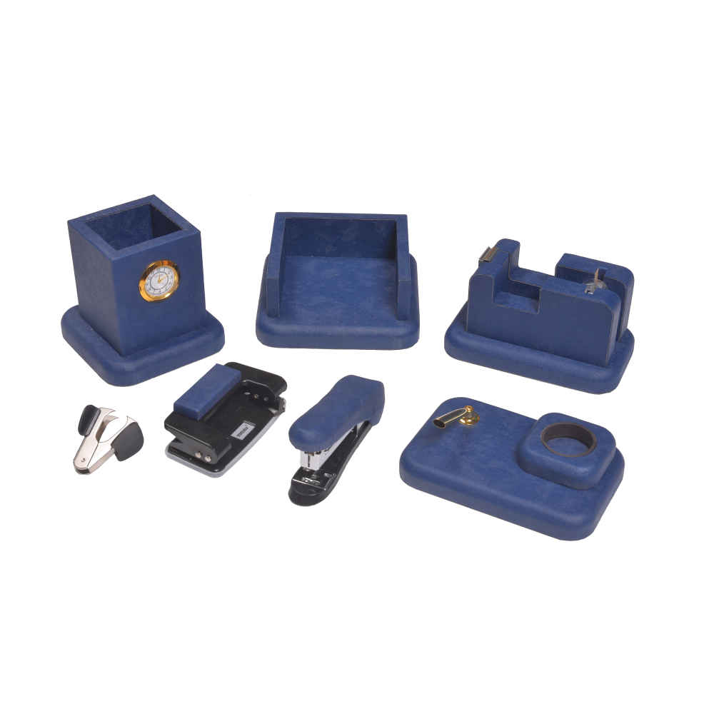 Ensemble organiseur de bureau en cuir bleu – 8 pièces