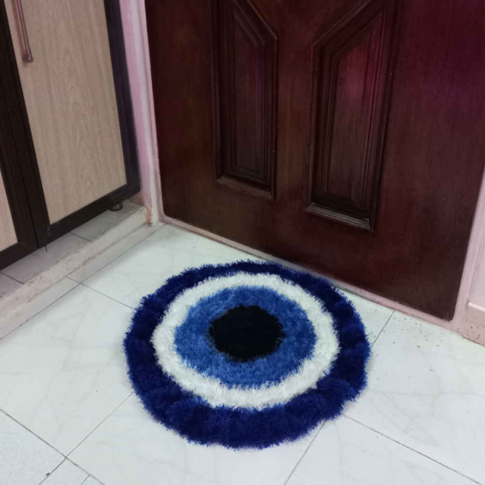 Tapis de sol macramé bohème tissé à la main – Motif Œil porte-bonheur