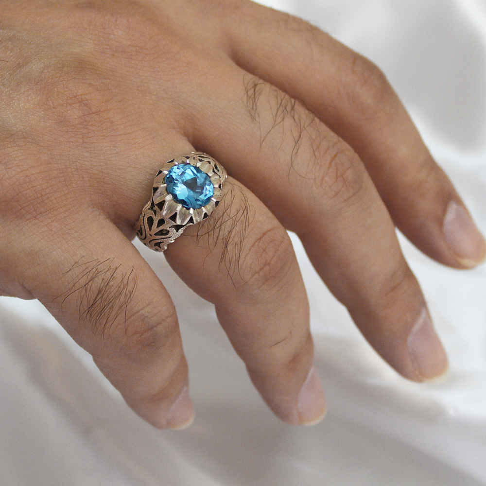 Bague en argent Topaze Bleue persane pour homme Rekab