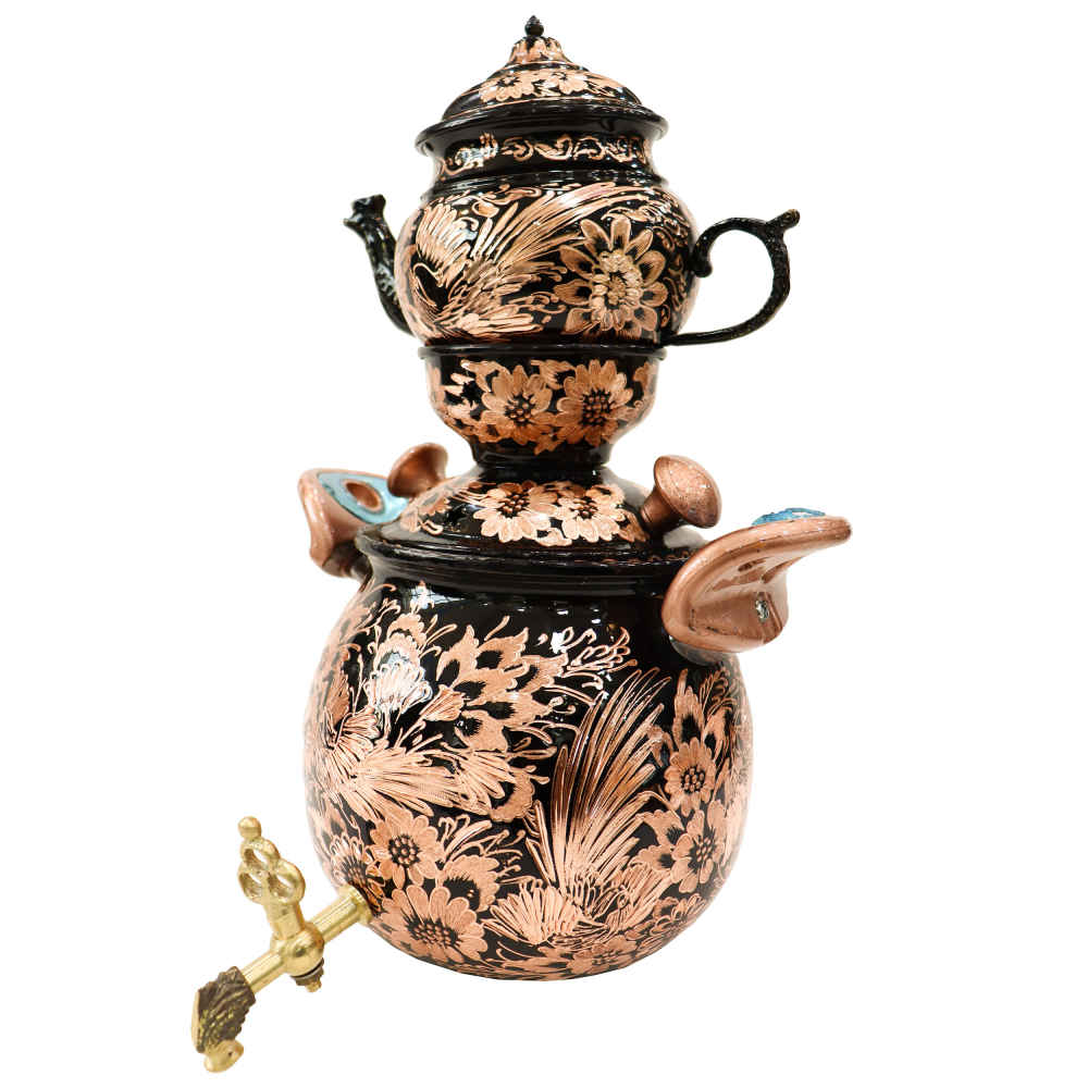 Samovar de thé en cuivre persan décoratif avec théière gravée