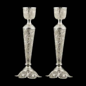 Bougeoir en filigrane persan en cuivre plaqué argent, rose (x2)