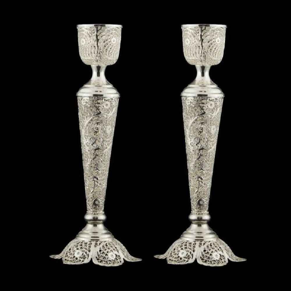 Bougeoir en filigrane persan en cuivre plaqué argent, rose (x2)