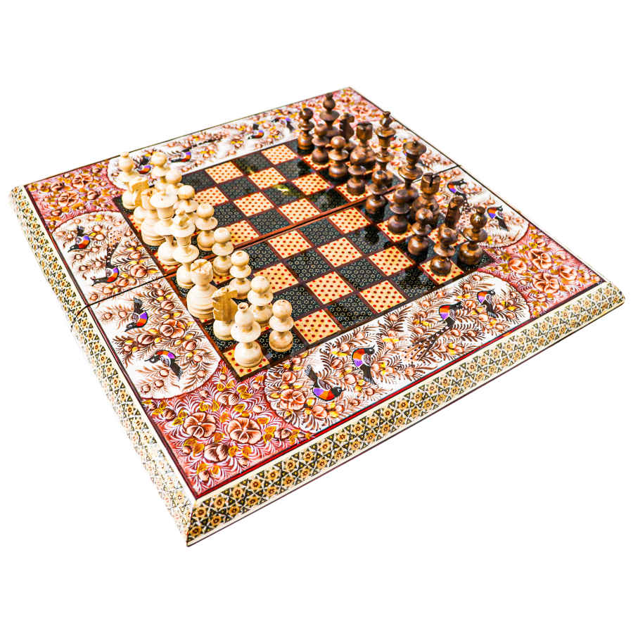 Plateau d’Échecs en Marqueterie Incrustée en Bois Persan Modèle Oiseaux