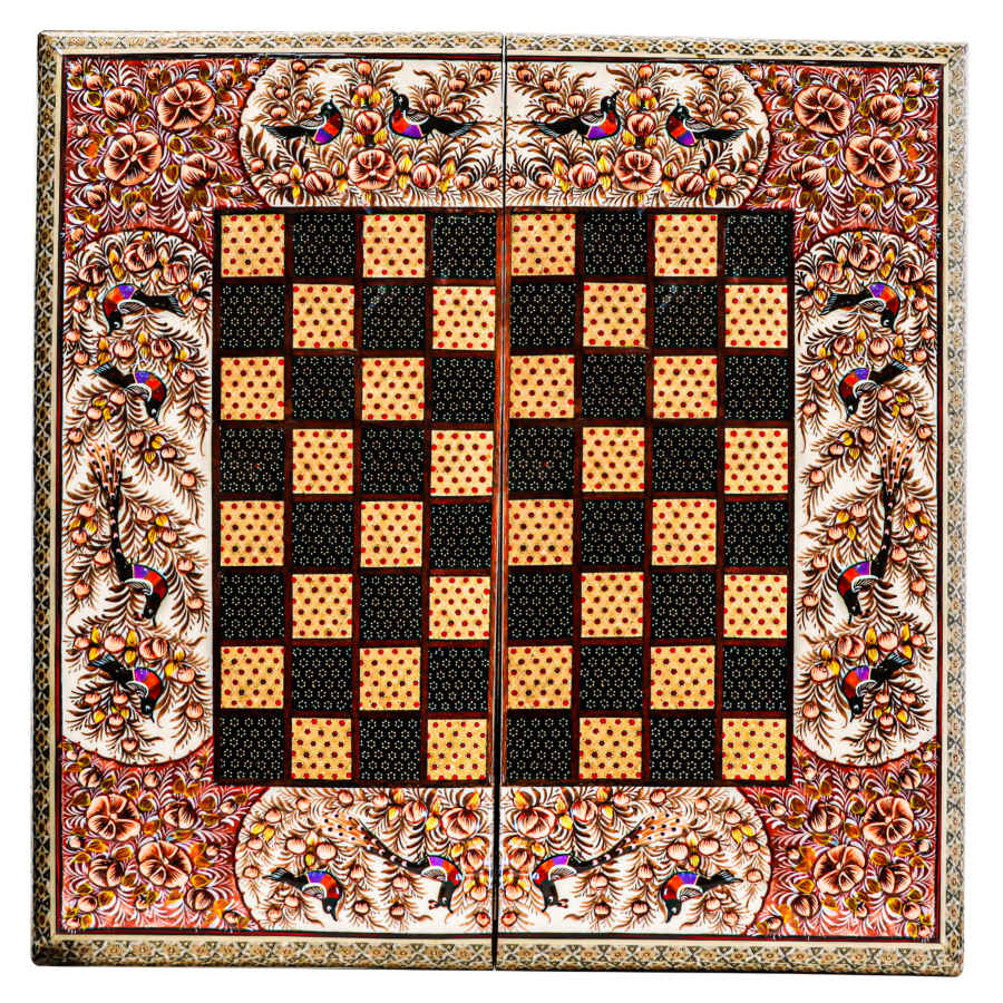 Plateau d'Échecs en Marqueterie Incrustée en Bois Persan Modèle Oiseaux