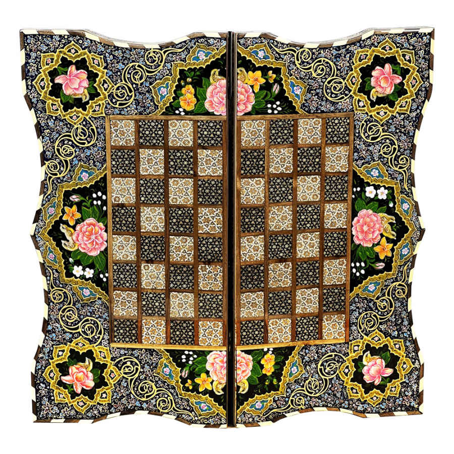 Plateau d'Échecs en Marqueterie Incrustée en Bois Persan Modèle Floral