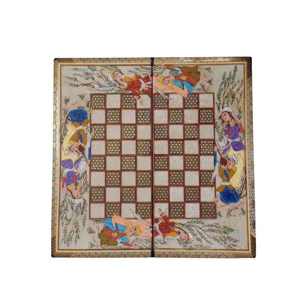 Plateau d'Échecs en Marqueterie Incrustée en Bois Persan Modèle Leyli