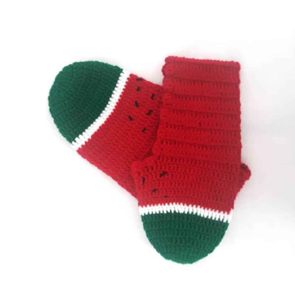Chaussons au Crochet pour Femme en Fibre Acrylique Tricotée – Modèle Pastèque