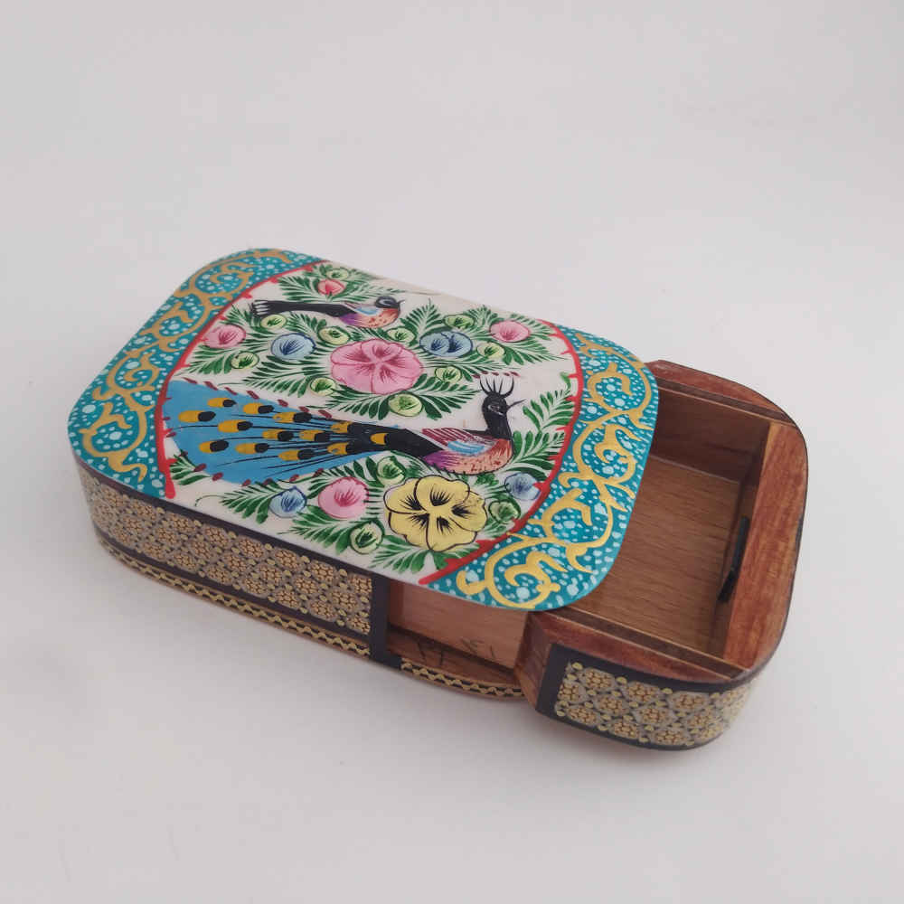 Boîte de cartes à jouer en bois persan – Décoration émaillée Khatam Oiseaux et Fleurs