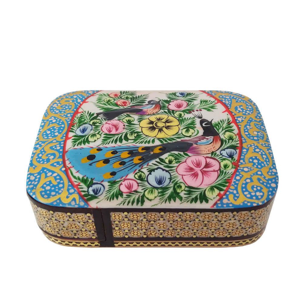 Boîte de cartes à jouer en bois persan - Décoration émaillée Khatam Oiseaux et Fleurs